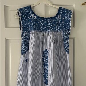 Mi Golondrina Mexico Blue striped embroidered midi dress s